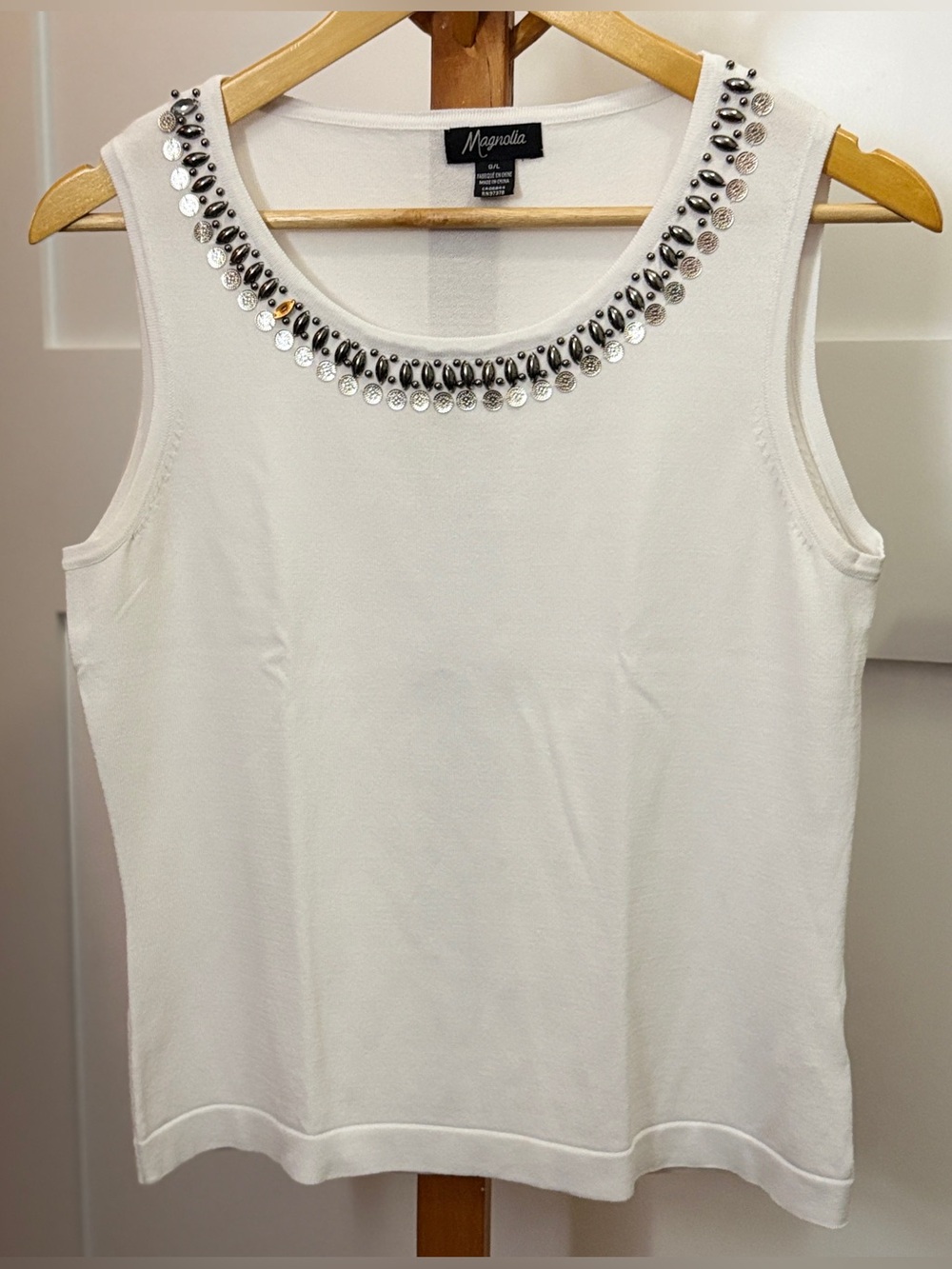 Magnolia Embellished Beaded Neck Knit Tank Top Cream White Size G/L